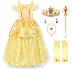 JerrisApparel Mädchen Prinzessin Belle Kostüm Paillette Tüll Party Kleid (7 Jahre, Gelb mit Zubehör) von JerrisApparel