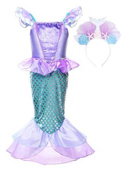 JerrisApparel Mädchen Prinzessin Meerjungfrau Kostüm Halloween Party Kleid (Lila mit Stirnband, 130) von JerrisApparel