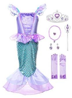 JerrisApparel Mädchen Prinzessin Meerjungfrau Kostüm Halloween Party Kleid (Lila mit Zubehör, 150) von JerrisApparel