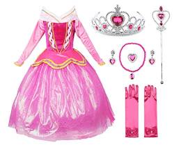 JerrisApparel Rosa Prinzessin Aurora Kleid Kostüm Mädchen Party Kleid (100, Rosa mit Zubehör) von JerrisApparel