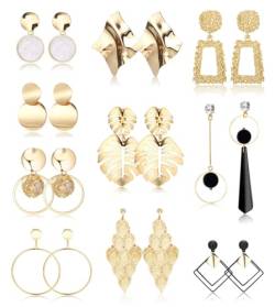 JeryWe 10 Paar Clip-Ohrringe für Frauen, rund, trapezförmig, geometrische Aussage, nicht durchbohrte Ohrclips, leichte Blatt-Creolen, baumelnde Ohrringe von JeryWe