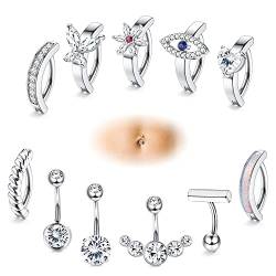 JeryWe 11 Stück 14G Clicker Bauchnabelpiercing Ring für Frauen chirurgenstahl CZ Opal Twist Herz Blumen Schmetterling Böse Augen Reverse Curved Nabel Piercing Bauchnabel Schmuck（Silber） von JeryWe