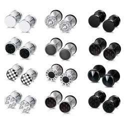 JeryWe 12 Paar Ohrringe Herren Edelstahl Ohrstecker Schwarz Silber Männer Runde Schraube Barbell Ohrstöpsel Fake Plugs Tunnel 18G von JeryWe