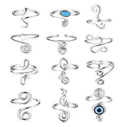 JeryWe 12 Stück Offenen Zehenringe für Frauen Mädchen Verstellbare Gelenk Finger Ringe CZ evil eye Stern Knuckle Ring Set Hypoallergen Strand Fußschmuck Geschenke Silber von JeryWe