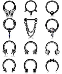 JeryWe 12Stk 16G Septum Piercing Chirurgenstahl für Damen Hängende Nasenringe mit Scharnier Stern Herz Hufeisen Daith Tragus Helix Knorpel Ohr Dangle Nasenpiercing Septum Piercing Schmuck（Schwarz） von JeryWe