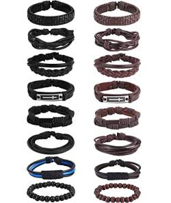 JeryWe 16Pcs Leder Armband Herren Punk Gothic Manschette Wrap Armreif Armbänder Verstellbare Geflochtenes Lederarmband schwarz braun Style B von JeryWe