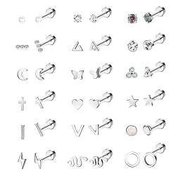 JeryWe 18 Paar 18G Edelstahl Ohrstecker Piercing Für Damen Knorpelohrringe Kleine Schraube Flache Rückseite Ohrringe Ohrpiercing Set Kreuz Mond Stern Tragus Helix Piercing Ohr Gold von JeryWe