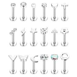 JeryWe 18Pcs 16G Lippenpiercing Stud Set Chirurgenstahl für Damen Herren Labret Piercing Stecker Ohrring Tragus Helix Conch Knorpel Piercing Ohr Labret Piercing Innengewinde 6mm SILBER von JeryWe