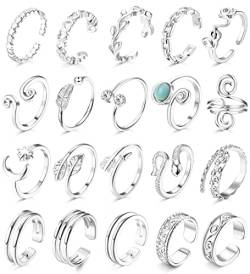 JeryWe 20 Pcs Verstellbare Zehenringe für Damen Mädchen öffnen Knöchel Joint Zehenringe Set Sommer Strand Fuß Ring Schlange Pfeil Blatt Herz CZ Schwanz Pinky Midi Ring Silver von JeryWe