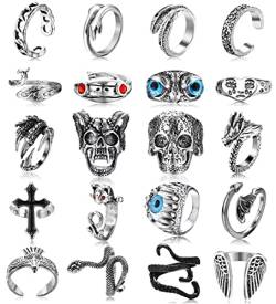 JeryWe 20 Pcs Vintage Punk Ringe für Männer Frauen Gothic Offene Ringe Silber Schwarzer Totenkopf Skelett Augen der Hölle Tier Einstellbare Ringe Set Stapelbare Y2K Finger Ringe von JeryWe