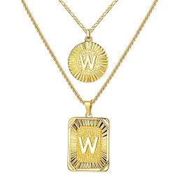 JeryWe 2pcs Halskette mit Buchstaben Anhänger für Damen Herren Mädchen Edelstah 18 Karat Gold Doppelschicht Kette mit Quadratisch/Rund Anhänger Wasserfest Layered kette -A-Z von JeryWe