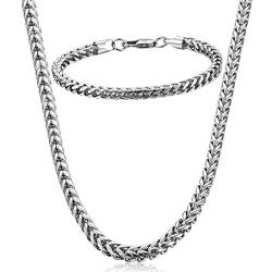 JeryWe 2pcs Kette Halskette Armband für Herren Damen Silber Edelstahl Weizen Kette Kette Halskette Armband Set für Männer Jungen Geschenk-Breite 5mm 22" 8,5" von JeryWe