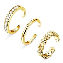 JeryWe 3 Stücke 14K Gold Gefüllte Zehenring für Damen Mädchen Verstellbar Klein Knöchel Pinky Ringe Cz Blume Band Sommer Strand Einfache Einstellbare Vintage Offene Zehenfingerring Fußschmuck von JeryWe