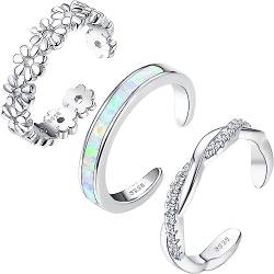 JeryWe 3Pcs 925 Sterling Silber Zehenringe für Damen Mädchen Blume Twist Opal Band Fuß Ringe Verstellbare 14K Weißgold gefüllte Sommer strand offene Zehenringe Fußschmuck Set Hypoallergen silber von JeryWe