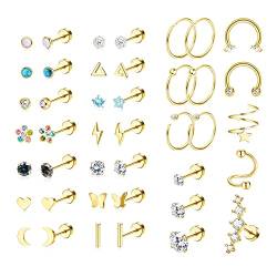 JeryWe 42Pcs Edelstahl Ohrstecker Für Frauen knorpel Ohrringe Creolen Piercing Ohr Hypoallergen Silber Gold Flache Rückseite Ohrringe 20GGold von JeryWe