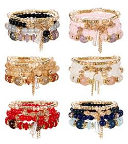 JeryWe 44 Stück 6 Sets Boho Armband Damen Frauen Mädchen, Multilayer verstellbar Perlen-Handkette,Stretch Bunte Armbänder,Geschenk Beste Freundin,Festival Accessoires D von JeryWe