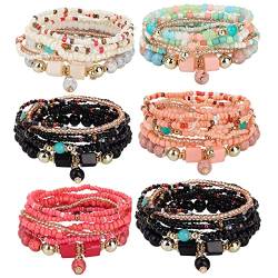 JeryWe 44 Stück 6 Sets Boho Armband Damen Frauen Mädchen, Multilayer verstellbar Perlen-Handkette,Stretch Bunte Armbänder,Geschenk Beste Freundin,Festival Accessoires G von JeryWe