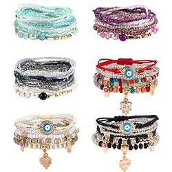 JeryWe 44 Stück 6 Sets Boho Armband Damen Frauen Mädchen, Multilayer verstellbar Perlen-Handkette,Stretch Bunte Armbänder,Geschenk Beste Freundin,Festival Accessoires von JeryWe