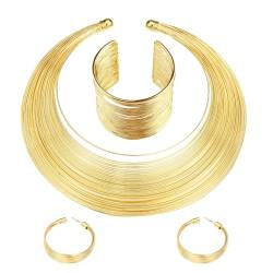 JeryWe 4pcs Afrikanischer Schmuck für Frauen Gold plattiert klobig Kostüm Aussage Schmuck Sets afrikanischen Kragen Choker Halskette Manschette Armreif Armband Hoop Dangle Ohrringe von JeryWe