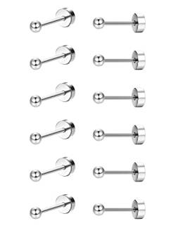 JeryWe 6 Paare Titan Ohrstecker Damen Männer Mädchen G23 Titan Kugel Hypoallergene Ohrringe Ohr Piercing Set Knorpel Helix Flache Rückseite Ohrring für empfindliche Ohren 20G 2mm von JeryWe