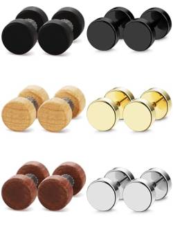 JeryWe 6Paare Ohrringe Ohrstecker Herren Damen 3Paare Holz Fake Plugs Ohrringe 3Paare Edelstahl Runde Schraube Barbell Ohrstöpsel Faux Gauges Ohr Tunnel Ohrringe Piercing 18G 6mm von JeryWe