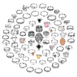 JeryWe 70 Stück Vintage Crystal Ring Set Silber Knöchel Ringe für Frauen, Bohemian Stackable Joint Ringe, Retro Boho Stacking Joint Finger Ringe Pack von JeryWe