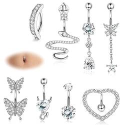 JeryWe 8 Stück 14G Bauchnabelpiercing Chirurgenstahl für Frauen Anhänger Schlange Herz CZ Schmetterling Dangly Clicker Gekrümmt Reverse Nabel Ringe Piercing Bauchnabel Schmuck（Silber） von JeryWe