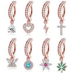 JeryWe 8Pcs Clicker CZ Bauchnabel Ringe für Damen Frauen 14G Chirurgenstahl Bauchnabelpiercing mit Baumelnd Herz Schmetterling Kreuz Blume Reverse Curved Navel Barbell Körper Piercing rosa gold von JeryWe