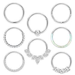 JeryWe 8pcs 16G Conch Helix Piercing Ohrringe Chirurgenstahl Clicker Nasenring Segment Daith Tragus Lippe Helix Nase Piercing Knorpel Hoop CZ Opal Body Piercing Schmuck 8mm von JeryWe