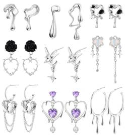 JeryWe 9Pairs Dangle Tropfen Ohrringe für Damen Mädchen Edelstahl unregelmäßig tropfen Y2k Ohrringe Set Asymmetrisch Mondstein CZ Stern Teardrop Herz Creolen Ohrringe Silber von JeryWe