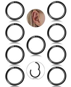 JeryWe 9Stk 16G Edelstahl Knorpel Creolen Ohrringe für Frauen Männer Nase Ringe Piercing Hoop Lippe Septum Clicker Ring Tragus Piercing Schmuck Set 8mm Schwarz von JeryWe