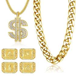 JeryWe Hip Hop Vergoldete Kette Halsketten und Ringe Set für Männer Frauen Rapper Kostüm Große klobige Kette mit Dollar Zeichen Kanji Segen Glücks Ringe 80er 90er Party Schmuck von JeryWe