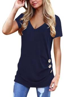 Jescakoo Damen T Shirt Oversize Sommer V-Ausschnitt Sexy Oberteile Tops lässige Basic Kurzarm lang Tunika Casual Bluse mit Knopf Marineblau XL von Jescakoo