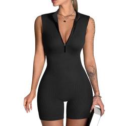 Jetjoy Damen Jumpsuit Kurz Eng Yoga Sport Einteiliger kurz Overall Ärmellos V-Ausschnitt Playsuits mit Reißverschluss Romper Ganzkörperanzug Sommer von Jetjoy