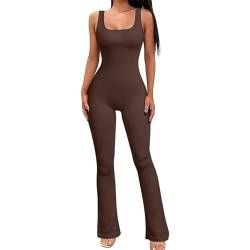 Jetjoy Damen Sport Jumpsuit Lang Gerippte Yoga Flare Jumpsuits eng Einteiler Ganzkörperanzug Stretch Elegant Rompers Eckigem Ausschnitt Workout Overall Hosenanzug von Jetjoy