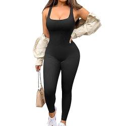 Jetjoy Damen Sport Jumpsuit Lang Yoga Armellos Bodycon Einteiler Ganzkörperanzug Stretch Elegant Jumpsuit eng Eckigem Ausschnitt Gerippte Workout Overall Hosenanzug,Vierkantansatz Schwarz,XL von Jetjoy