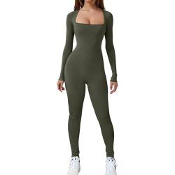 Jetjoy Damen Sport Jumpsuit Lang Yoga Langarm Bodycon Einteiler Ganzkörperanzug Stretch Elegant Jumpsuit eng Eckigem Ausschnitt Gerippte Workout Overall Hosenanzug,Langarm Oliv Grün,L von Jetjoy