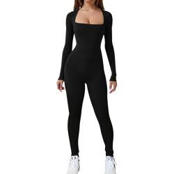 Jetjoy Damen Sport Jumpsuit Lang Yoga Langarm Bodycon Einteiler Ganzkörperanzug Stretch Elegant Jumpsuit eng Eckigem Ausschnitt Gerippte Workout Overall Hosenanzug,Langarm Schwarz,L von Jetjoy