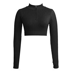 Jetjoy Damen Sportshirt Langarm Funktionsshirt 1/2 Reißverschluss Laufshirt Schnelltrocknend Langarmshirts mit Daumenloch Fitness Stehkragen Oberteile,Schwarz,S von Jetjoy