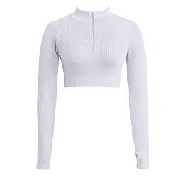 Jetjoy Damen Sportshirt Langarm Funktionsshirt 1/2 Reißverschluss Laufshirt Schnelltrocknend Langarmshirts mit Daumenloch Fitness Stehkragen Oberteile,Weiß,L von Jetjoy