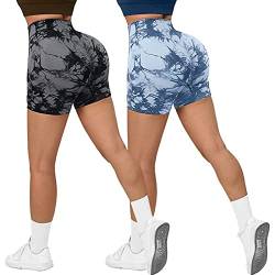 Jetjoy Gym Shorts Damen Sportshorts Scrunch Butt High Waisted Kurze Sporthose Damen Yoga 2 Pack Nahtlos Kurze Hose Laufhose Radlerhose Tie Dye Blau+Schwarz L von Jetjoy