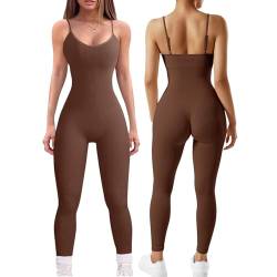 Jetjoy Sport Jumpsuit Damen Eng Spaghetti Strap Gerippte Yoga Jumpsuits Full Body Sexy Einteiler Ganzkörperanzug Padded Overall Romper Bodysuit,Braun,L von Jetjoy