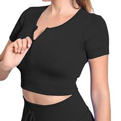 Jetjoy T-Shirt Damen Crop Top Sport Oberteile Funktionsshirt Reißverschluss Sportshirt Laufshirt mit Daumenloch Gym Bauchfreie Oberteile, Reißverschluss T-Shirts schwarz,XS von Jetjoy