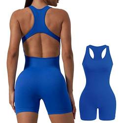 Jetjoy Yoga Jumpsuit für Damen eng Overall Nahtlos kuschelig Bodysuit Rückenlose Gepolsterte Bodycon Sexy Einteiler Jumpsuits Damen kurz Sport Workout Sommer Romper,Zurück öffnen Blau,M von Jetjoy