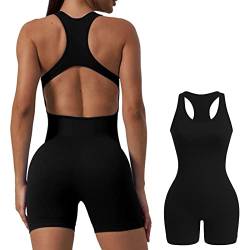 Jetjoy Yoga Jumpsuit für Damen eng Overall Nahtlos kuschelig Bodysuit Rückenlose Gepolsterte Bodycon Sexy Einteiler Jumpsuits Damen kurz Sport Workout Sommer Romper,Zurück öffnen schwarz,L von Jetjoy