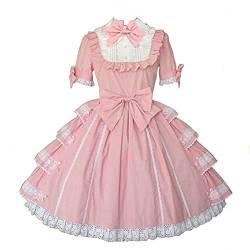 Jeufoin Frauen Mädchen Süße Rosa Kleid Kurze Ärmel Kawaii Japanischen Stil Prinzessin Kleider mit Schleifen, 1Rosa, Groß von Jeufoin