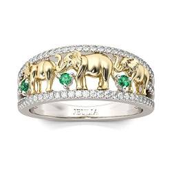 Jeulia 1.5 Karat Elefant Ring Ehering für Frauen 18 Karat vergoldet Verlobungsring Set Zweifarbige Rundschliff Zirkonia Ringe Jubiläumsversprechen Romantisches Geschenk (51（16.1）, Grün) von Jeulia