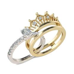 Jeulia 2 Stück Krone Damen Ringe Set Vergoldet Sterling Silber Verlobungsring Rundschliff Zirkonia Diamant Solitärring Antragsring Vorsteckring Mit Geschenkbox (50 (15.7)) von Jeulia