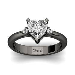 Jeulia Schwarz Herz Diamant Ring:Sterling Silber Weiße Zirkonia Solitär Hochzeit Verlobungsring für Braut Mädchen mit Geschenk Box (50（15.7）, Schwarz) von Jeulia