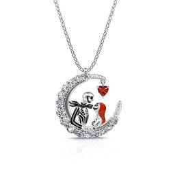 Jeulia Sterling Silber Schädel Paar Halskette mit 1.61ct Herz Diamant für Frauen Herren Tochter Zirkonia Anhänger Mondform Jack und Sally Schädel Schmuck Schmuck Nightmare Before Christmas Geschenke von Jeulia